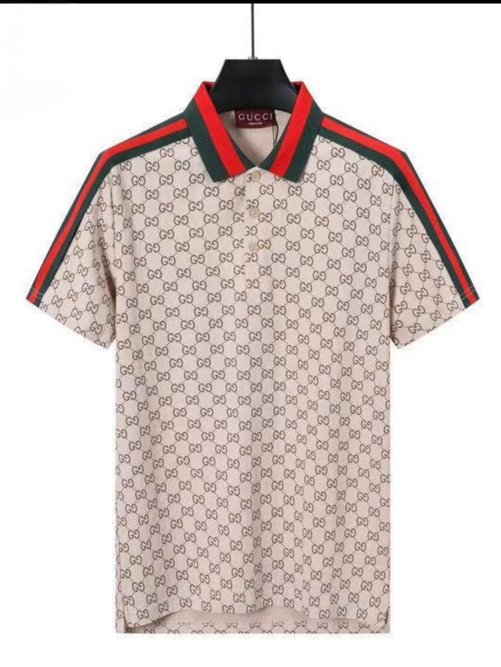 Gucci Beige Monogram Polo with Red and Green Stripe Trim